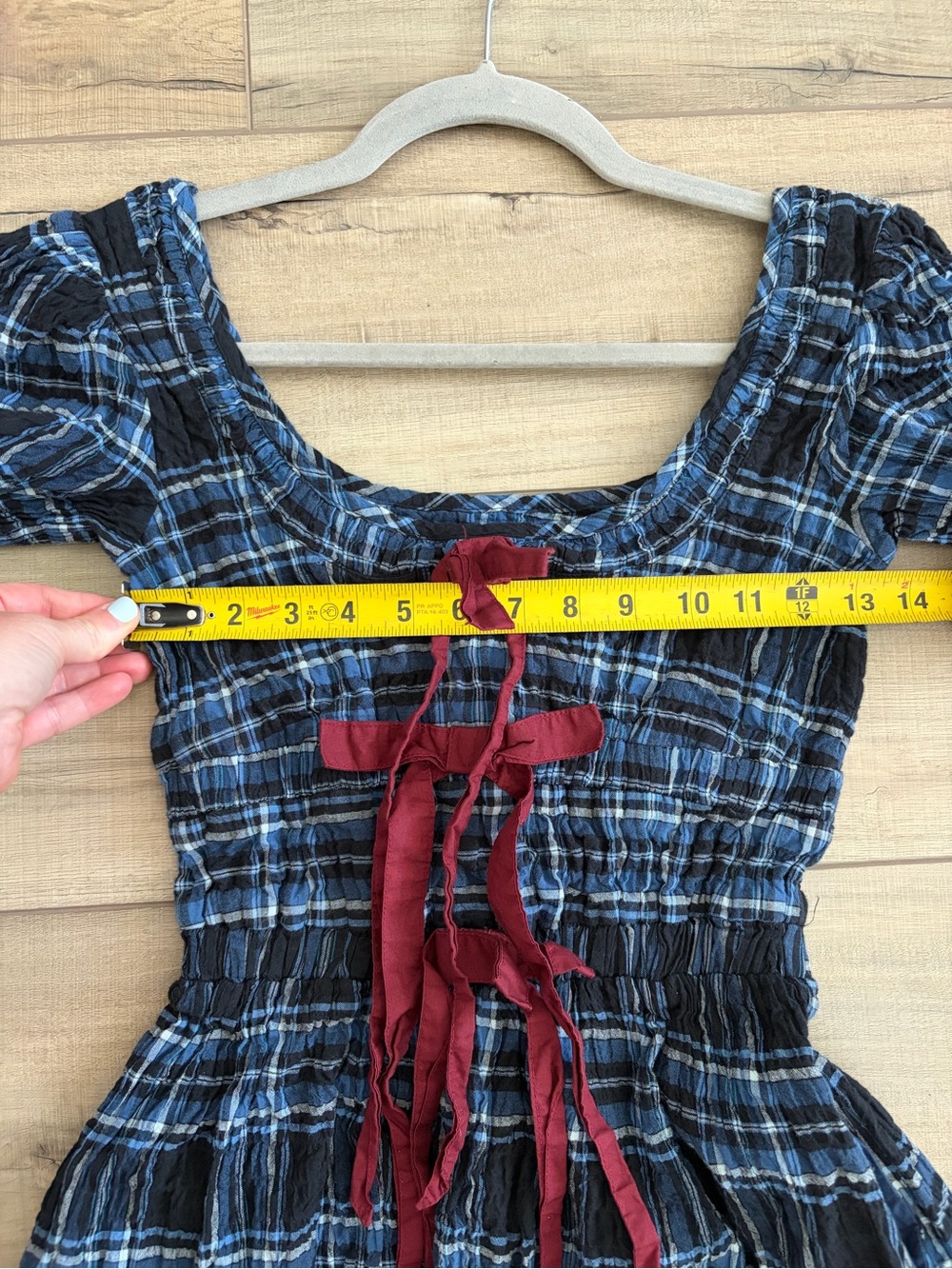 Plaid Midi Dress with Burgundy Tie Detail - Blue - Picture 8 of 11